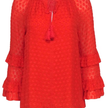 Tory Burch - Red Orange Floral Textured Long Sleeve Top Sz 6