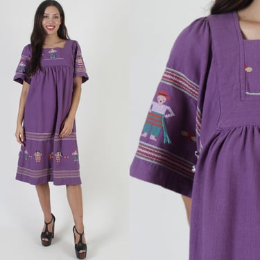 Authentic Purple Cotton Guatemalan Tent Dress / Aztec Print Angel Bell Sleeves / Vintage Mexican Village Print / Embroidered Woven Cover Up 