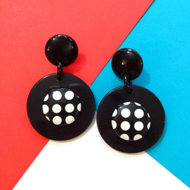 MOD FABULOUS Vintage Black & White Dots Large Statement Earrings 