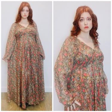 1970s Vintage Denise L Brown Floral Empire Waist Gown / 70s Smocked Semi Sheer Maxi Dress / Size XL 