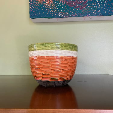 Midcentury Modern Aldo Londi Bitossi Planter, green, white, orange, black ceramic pottery flower pot Imported by Rosenthal Netter ca 1960's 