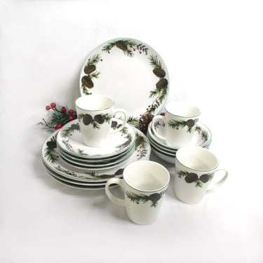 Vintage Pinecone Christmas Dinnerware Set-Service for 4 -Totally Today- 4 each Dinner Plates, Bowl, Mugs, Salad/Bread Plates 