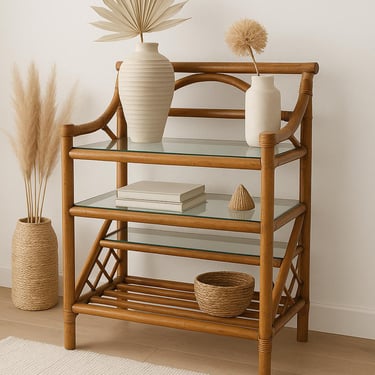 Vintage Rattan & Glass Étagère Shelf | Boho Coastal Cart Console 