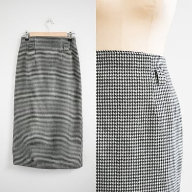 1980s Black and White Houndstooth Long Pencil Skirt 