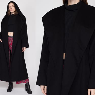 Large 80s Calvin Klein Black Cashmere Wool Hooded Coat | Vintage Witchy Cloak Open Fit Long Overcoat Maxi Jacket 