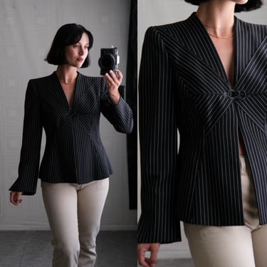 GIORGIO ARMANI Black & White Pinstripe Collarless Split Cuff Swing Blazer w/ Hook Clasp | Made in Italy | Y2K 2000s ARMANI Designer Jacket 