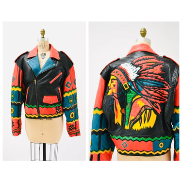 Vintage Black Leather Motorcycle Jacket Cherokee Indian Chief