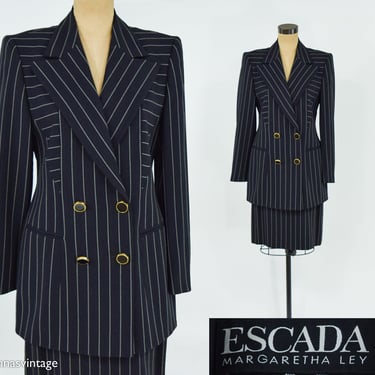 ESCADA l 1990s Black Pinstripe Skirt Suit | 90s Black Wool Pinstripe Suit | ESCADA | Medium 