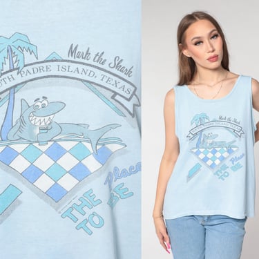 Texas Tank Top 80s South Padre Island Shirt Mark The Shark Sleeveless Graphic Shirt Retro Baby Blue Hipster Vintage Cotton Large L 