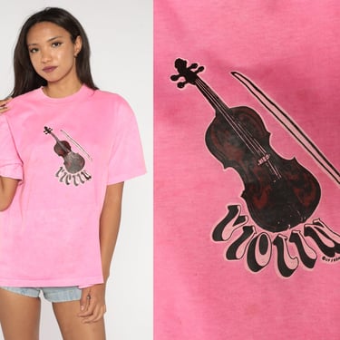 90s Violin T Shirt Hot Pink Screen Stars Graphic Tee Shirt 90s T Shirt Instrument Band Vintage 1990s Neon Single Stitch Extra Large xl 