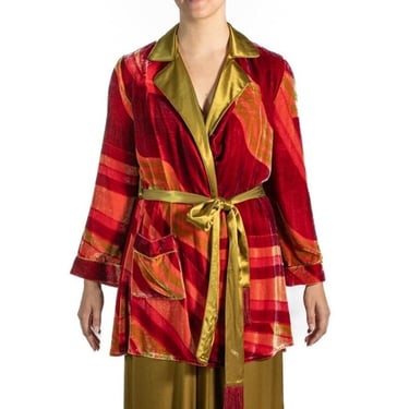 1990S Red  Green Plaid Rayon Silk Burnout Velvet Robe 