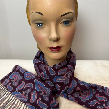 Vintage Ascot/ tuxedo scarf cold rayon with fringe Burgundy blue paisley print 1940’s 50’s era long unisex scarf 