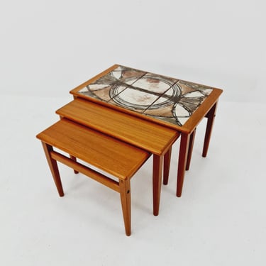 Midcentury danish teak + ceramic By OX Art nesting tables/ side tables by Trioh 1970s 