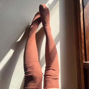 Victorian turn of the century wool knee high stockings in a dusty brick red tone 