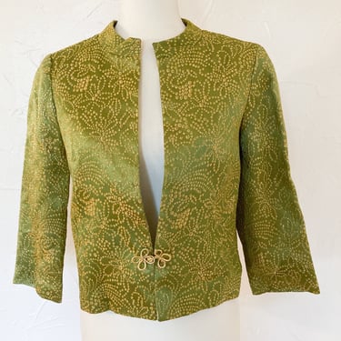 60s Green and Metallic Gold Embroidered Floral Silk Evening Jacket | Small/Medium 