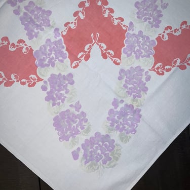 Tablecloth 1950s coral purple 49 x 46" as is 