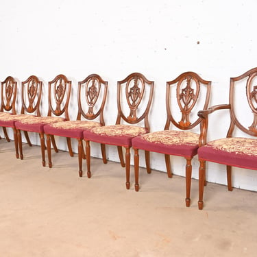 Baker Furniture Style Louis XVI Carved Mahogany Shield Back Dining Chairs, Set of Eight