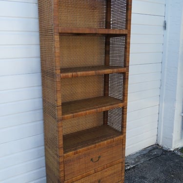 Hollywood Regency Faux Bamboo Caning Tall Bookcase Display Cabinet 3641