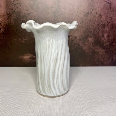 Artist Signed Studio Art Pottery Vase | Off-White, Ruffled Rim Vase 