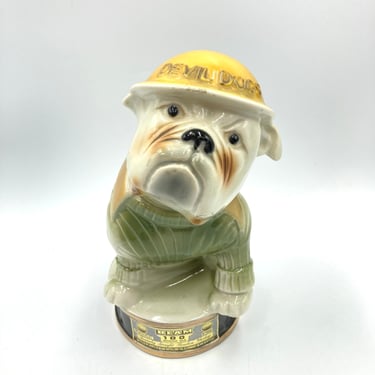 Vintage Devil Dogs Jim Beam Bulldog Whiskey Decanter 1979, Green Sweater, Yellow Cap, Collectible James Beam, 100 Months Old, Ceramic Bottle 
