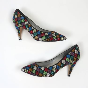 Vintage 1980s rhinestone heels pumps colorful sequin dressy harlequin size 10 