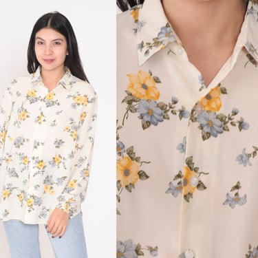 White Floral Blouse 90s Button up Shirt Long Sleeve Collared Top Boho Yellow Blue Flower Print Hippie Bohemian Retro Vintage 1990s Large L 