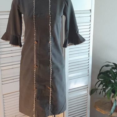 Vintage 60s Mod A Line Dress / Button Lace Trim / Saucer Sleeve /xs 