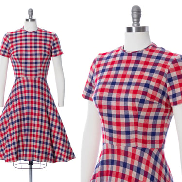 Vintage 1950s Dress | 50s Checkered Plaid Cotton Knit Jersey Red White Blue Fit and Flare Full Skirt Fall Winter Day Dress (small/medium) 