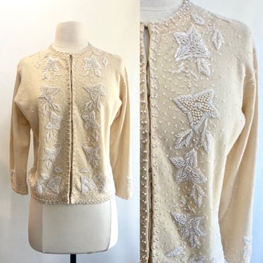 Vintage 50s BEADED CARDIGAN Sweater / White Beads + Sequins / Cream Lambswool + Angora / Made in Hong Kong 