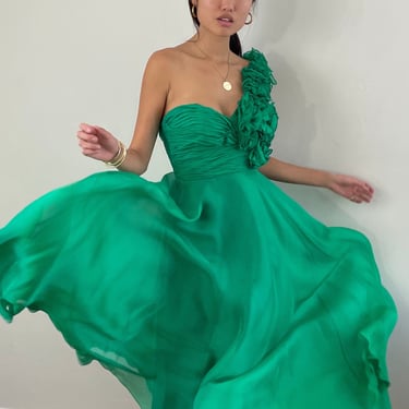 90s silk dress / vintage emerald green silk ethereal one shoulder plissé organza overlay maxi dress | XS 2 