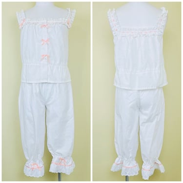1980s Victorian Style White Cotton Bloomer Set / 80s Pink Ribbon Victorian Romantic Tank and Ruffled Capris / Size Small - Medium 