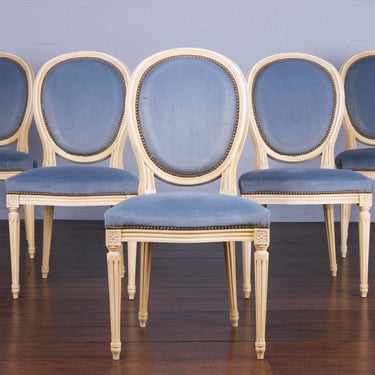 Antique French Louis XVI Style Provincial Painted Dining Chairs W/ Blue Velvet - Set of 5 
