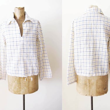 Vintage 70s Checkered Plaid Woven Cotton Blouse S - 1970s White Blue Tan Windowpane Plaid Collared Long Sleeve Top 
