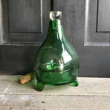 Antique Blown Glass Wasp Trap, Green Glass, Hornet, Glass Stopper, Footed Glass Insect Catcher, Fly Catcher 