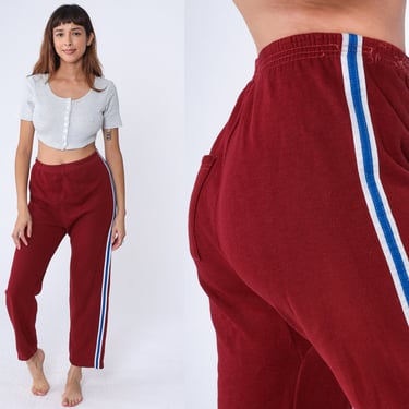 80s Track Pants Burgundy Striped Sweatpants Old School Jogging Track Suit Gym Running 1980s Sports Vintage Retro Warm Up Blue White Medium 