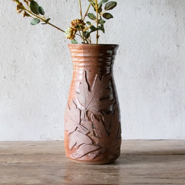 Maple Leaf Vase, 8" Tall Studio Pottery Vase, Stoneware Vessel Vase with Leaf Motif 