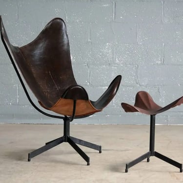 1960s Butterfly Sling Chair &#038; Ottoman in Saddle Leather by William Katavolos
