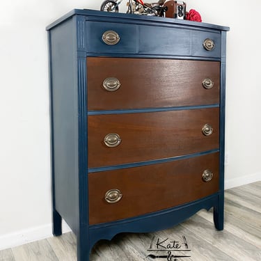 Vintage Hepplewhite Blue and Walnut Dresser 