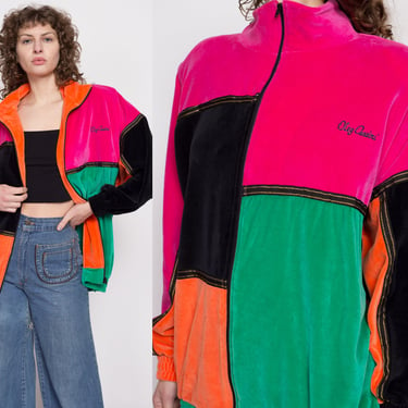 80s Velour Color Block Track Jacket - Extra Large | Vintage Oleg Cassini Colorful Zip Up Windbreaker Sweatshirt 
