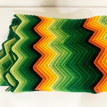Vintage Green Chevron Blanket Retro Throw Crochet Afghan Zig Zag Colorful Kitschy Granny Grannycore 1970s 