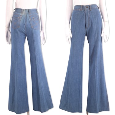 70s Chemin De Fer denim bell bottoms jeans 27, vintage 1970s high rise bells, 70s stitched flares pants sz M 6 