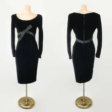 VINTAGE 50s Hourglass Black Velvet Wiggle Dress with Bow | 1950s Bombshell Cocktail Dress | Long Sleeve Party Dress Shelf Bust vfg 