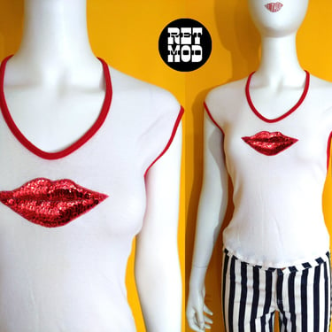 ICONIC Vintage 70s 80s Red Sequin Lips White T-Shirt Top 