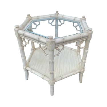 Faux Bamboo End Table by Thomasville Allegro FREE SHIPPING - Vintage Hexagon Glass Top Side Chinoiserie Fretwork Hollywood Regency Coastal 