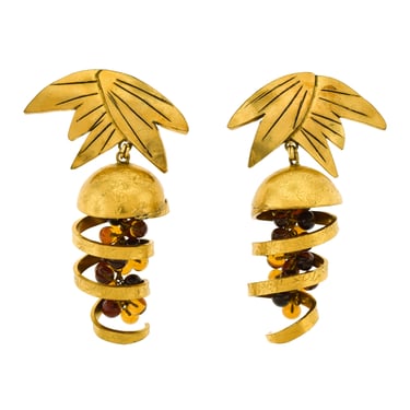 Isabel Canovas Vintage Oversized Gold Leaf Wind Swirl Amber Gripoix Glass Bead Earrings