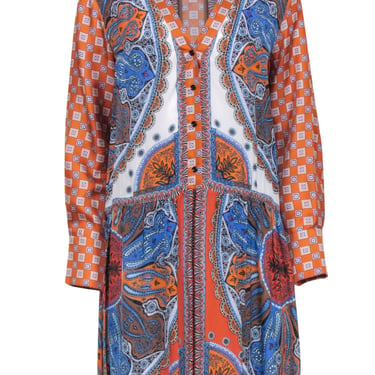 Sandro - Orange & Blue Mosaic Print Long Sleeve Dress Sz 8