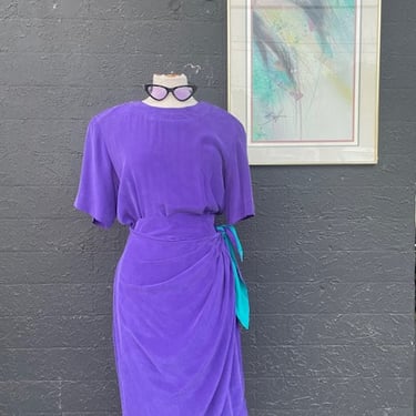 Purple wrap front silk dress