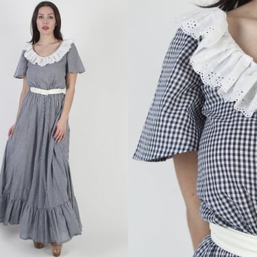 Navy White Gingham Americana Dress / Plaid Flutter Sleeve Work Maxi / Vintage 70s Country Picnic Outfit / Checker Print Tiered Folk Skirt 