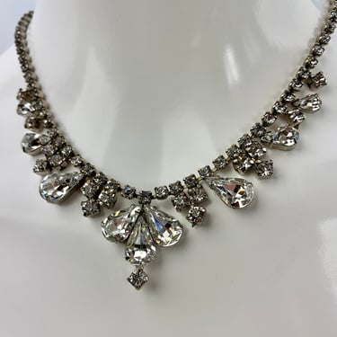 1950's Rhinestone Necklace - Pear Shaped Baguettes - Signed LA REL - Clear Crystal Stones - All Prong Set - 14 Inch Choker Length 