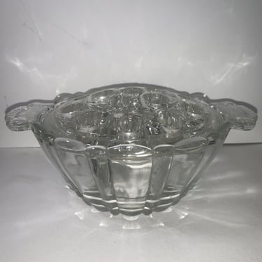 Vintage Anchor Hocking Old Cafe 16 Hole Clear Glass Flower Frog & Posey Bowl 